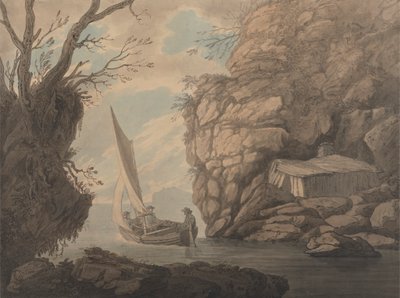 Un dériveur avec trois hommes quittant une crique rocheuse - Joseph Farington