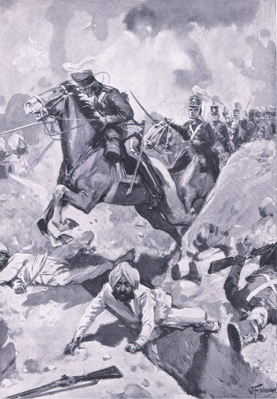 Sobraon : Sir Joseph Thackwell menant les 3e dragons légers en file indienne à travers des ouvrages de terre sikhs, illustration de British Battles on Land and Sea, 1915 - Joseph Finnemore