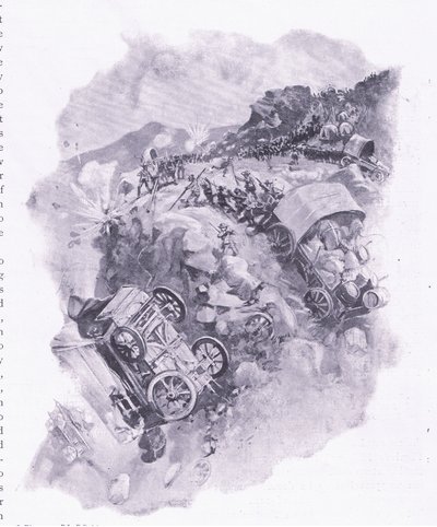 Les Boers détruisant leurs chariots à Spitzkop, illustration de Après Pretoria : La guerre de guérilla, 1902 - Joseph Finnemore