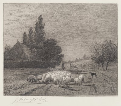 Rue de village en France avec un troupeau de moutons - Joseph Foxcroft Cole