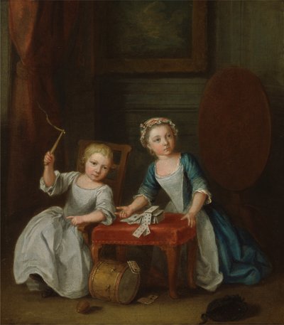 Deux enfants de la famille Nollekens, probablement Jacobus et Maria Sophia, jouant avec une toupie et des cartes, 1745 - Joseph Francis Nollekens