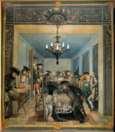 Manufacture de tissu indien des frères Wetter : atelier de préparation des planches et couleurs. Peinture de Joseph Gabriel Rossetti (18ème siècle). 1764 Orange, musée Municipal - Joseph Gabriel Rossetti
