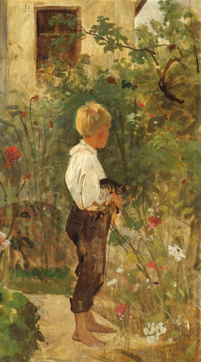 Garçon avec chat dans le jardin - Joseph Hasslwander