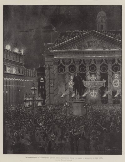 Les illuminations du couronnement à la Bourse Royale, avec la Banque d