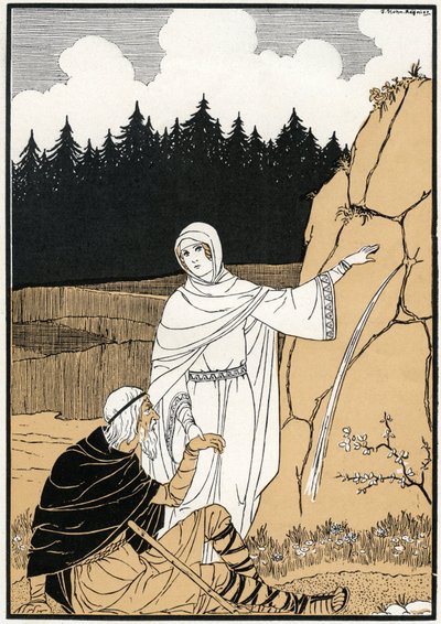 La légende de Sainte Odile (Odile de Hohenbourg, ca. 662- ca. 720) tirant une source du rocher - Illustration de Joseph Kuhn Regnier (Kuhn-Regnier) (1873-1940) pour "Legendes et contes d