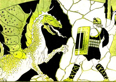 Siegfried combat le dragon. Légende des Nibelungen. Illustration de Joseph Kuhn Regnier (Kuhn-Regnier) (1873-1940) pour "Epopées et légendes d