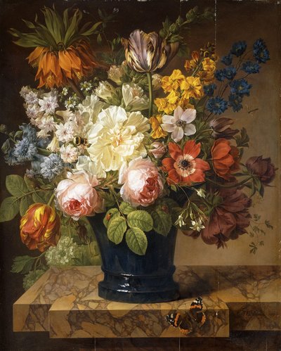 Fleurs dans un vase sur un rebord de marbre avec un vulcain, un bourdon, deux coléoptères et une libellule, 1807 - Joseph Laurent Malaine