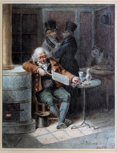 Lecture de la Gazette : vieil homme endormi dans un café lisant le journal « La Gazette » en 1824. Lithographie de Joseph Louis Hippolyte Bellangé (1800-1866) 1824 Paris, Musée Carnavalet - Joseph Louis Hippolyte Bellange