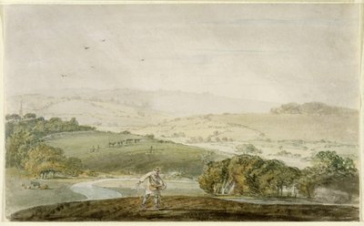 Un fermier semant, avec une vallée fluviale et des collines ondulantes au-delà, c.1795 - Joseph Mallord William Turner