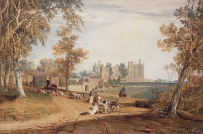 La façade nord-ouest, Cassiobury, avec chiens et chasseurs - Joseph Mallord William Turner