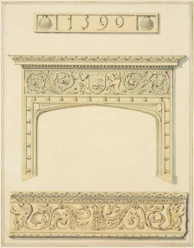 Cheminée et poutre dans la chambre haute et corniche dans la chambre basse, 9 Small Street - Joseph Manning