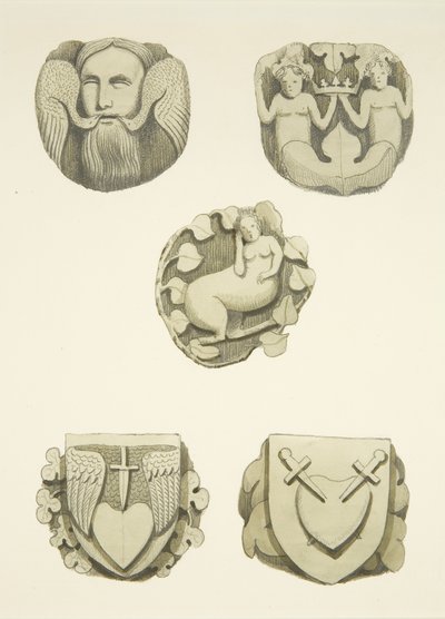 Cinq pierres de voûte au plafond en entrant par la porte nord de la cathédrale de Bristol - Joseph Manning
