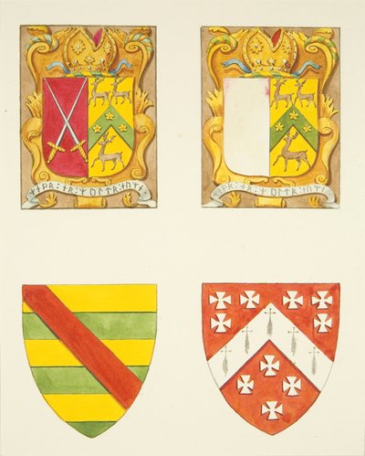Quatre armoiries - deux dans une fenêtre près du clocher, cathédrale de Bristol - Joseph Manning