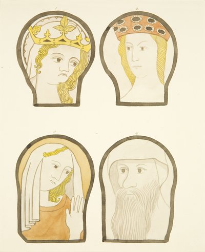 Quatre têtes dans les vitraux au sud du chœur de la cathédrale de Bristol - Joseph Manning