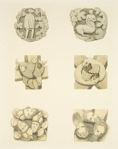 Six pierres de voûte au plafond en entrant par la porte nord de la cathédrale de Bristol - Joseph Manning