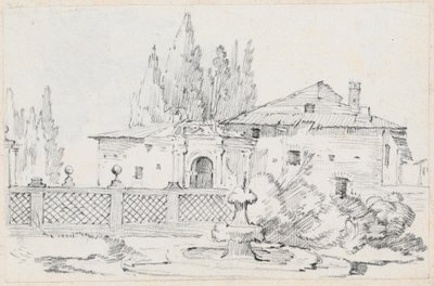 Maison et arbres à travers un mur de jardin - Joseph Marie Vien