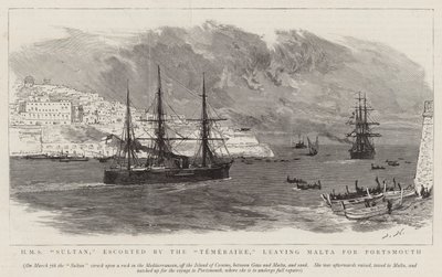 HMS Sultan, escorté par le Temeraire, quittant Malte pour Portsmouth - Joseph Nash