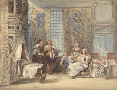 Scène avec famille et invité dans un intérieur du XVIIe siècle, 1825-78 - Joseph Nash.