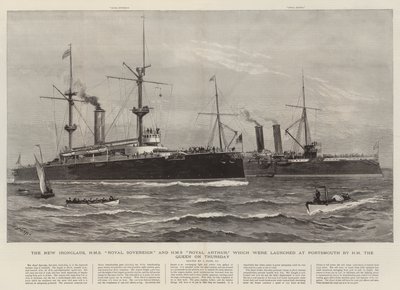 Les nouveaux cuirassés, HMS Royal Sovereign et HMS Royal Arthur lancés à Portsmouth par la reine jeudi - Joseph Nash