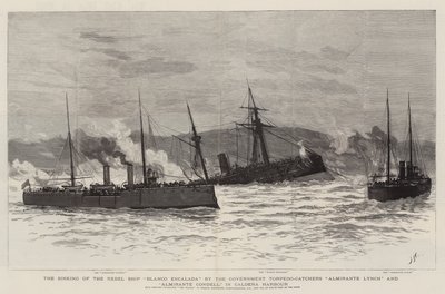 Le Naufrage du navire rebelle Blanco Encalada par les torpilleurs du gouvernement Almirante Lynch et Almirante Condell, dans le port de Caldera - Joseph Nash
