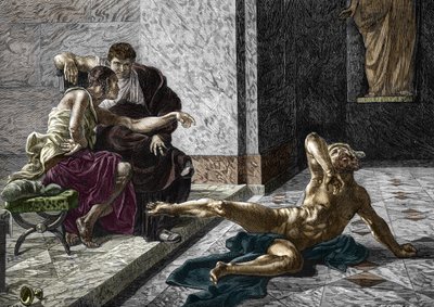 Empoisonneuse romaine Locuste essayant un poison destiné à Britannicus sur un esclave, à côté de l