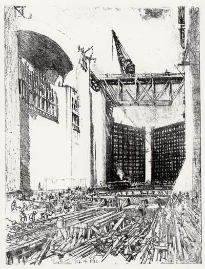 Pose du Sol : Écluse de Pedro Miguel, planche XVIII de Le Canal de Panama par Joseph Pennell, 14 février 1912 - Joseph Pennell