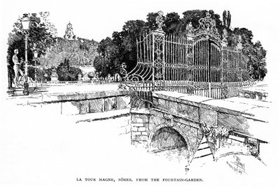 Nîmes (Gard, Languedoc) : la tour Magne vue du jardin de la Fontaine en 1888 - Joseph Pennell
