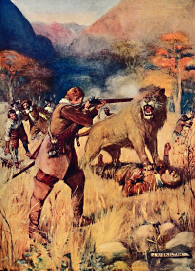 Un grand lion a sauté sur un des hommes, 1909 - Joseph Ratcliffe Skelton