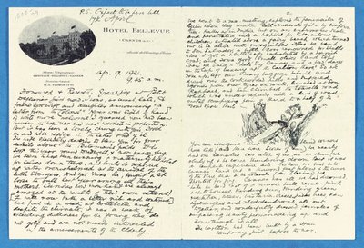 Lettre autographe à Col. H. W. Feilden, Hôtel Bellvue Cannes, 9 avril - Joseph Rudyard Kipling