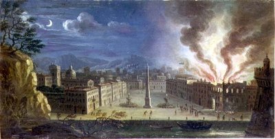 Une piazza dans un port italien avec un bâtiment en feu la nuit - Joseph Ruiz