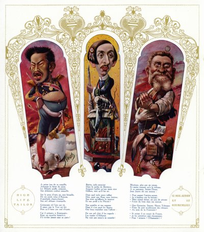 Caricatures : Empereur Meiji du Japon ; Maurice Barrès, écrivain et homme politique nationaliste français ; Jean Jaurès, homme politique français - Joseph Sirat