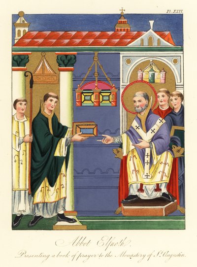 Abbé Elfnoth présentant un livre à Saint Augustin (gravure) - Joseph Strutt