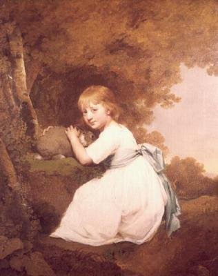 Mademoiselle Bentley en robe blanche tenant un lapin - Joseph Wright of Derby