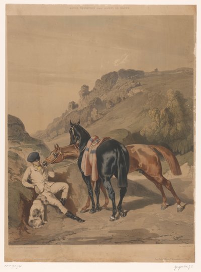 Deux chevaux avec un cavalier au repos dans un paysage (Motifs équestres d