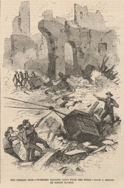Ouvriers transportant des coffres-forts des ruines, illustration de Frank Leslie