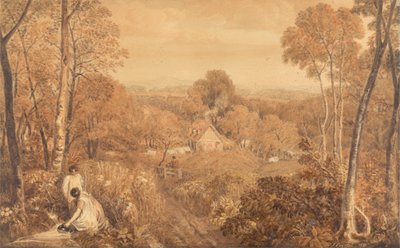 Paysage boisé avec cottages et paysannes, Hurley, Berkshire - Joshua Cristall