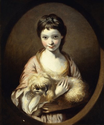 Portrait de Miss Emilia Vansittart, mi-longueur, portant une Robe Rose et Blanche tenant un Chien, c.1767-68 - Joshua Reynolds