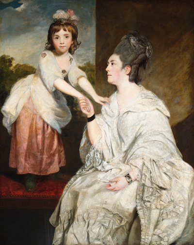 Portrait de Mme Sarah Otway, en costume blanc avec sa fille Jane devant une fenêtre - Joshua Reynolds