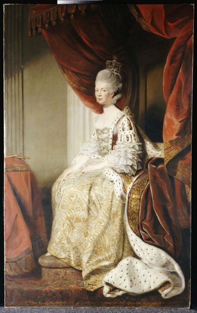 Portrait de la reine Charlotte, en pied, assise en robes d