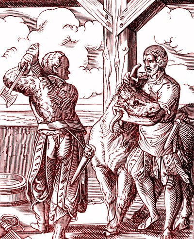 Un boucher - Nourriture et cuisine au Moyen Âge. Gravure de Jost Amman (1539-1591). Gravure de 1878 - Jost (after) Amman