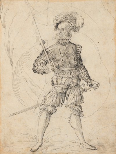 Homme barbu avec un chapeau à plumes, un drapeau et une épée - Jost Amman