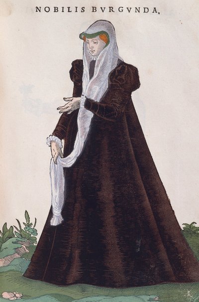 Noble bourguignonne en costume traditionnel, gravure de Habitus praecipuorum popularum - Jost Amman