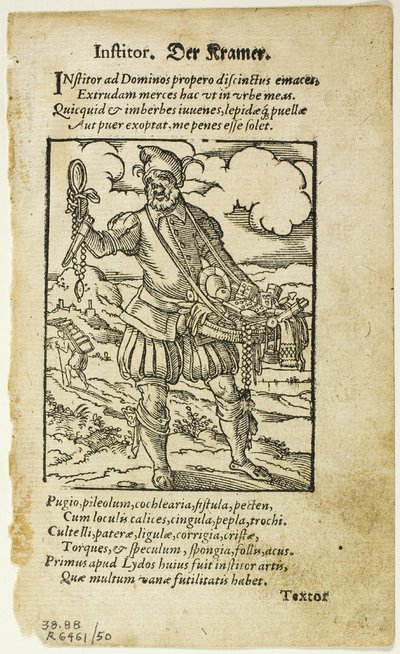 Der Kramer (Le colporteur) de De omnibus illiberalibus sive mechanicis artibus par Hartmann Schopper, planche 50 de Gravures sur bois de livres du XVIe siècle - Jost Amman