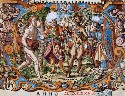 Quatre continents, détail de la page de titre, gravure de Jost Amman (1539-1591) - Jost Amman