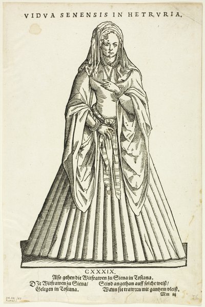 Vidua Senensis in Hetruria (Veuve de Sienne en Toscane) du Trachtenbuch de H. Weigel, planche 51 des gravures sur bois des livres du XVIe siècle. - Jost Amman