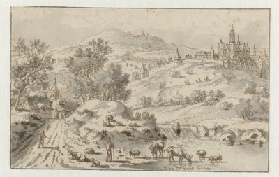 Paysage montagneux avec une ville sur une colline - Josua de Grave