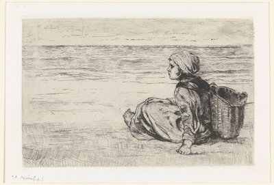 Fille au bord de la mer - Jozef Israëls (signed by artist)