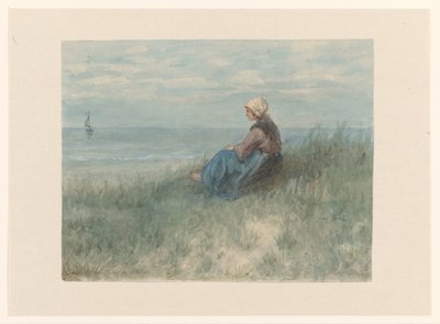 Une femme assise sur une dune regardant la mer - Jozef Israëls