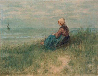 Fille dans les dunes regardant au loin - Jozef Israëls