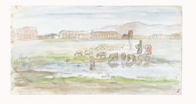 Plaine avec des moutons, en arrière-plan des ruines d